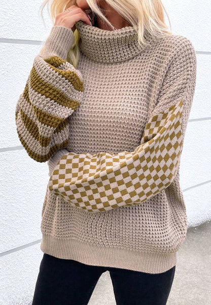 Striped & Checkered Turtleneck Dropped Shoulder Sweater-Angel Casuals