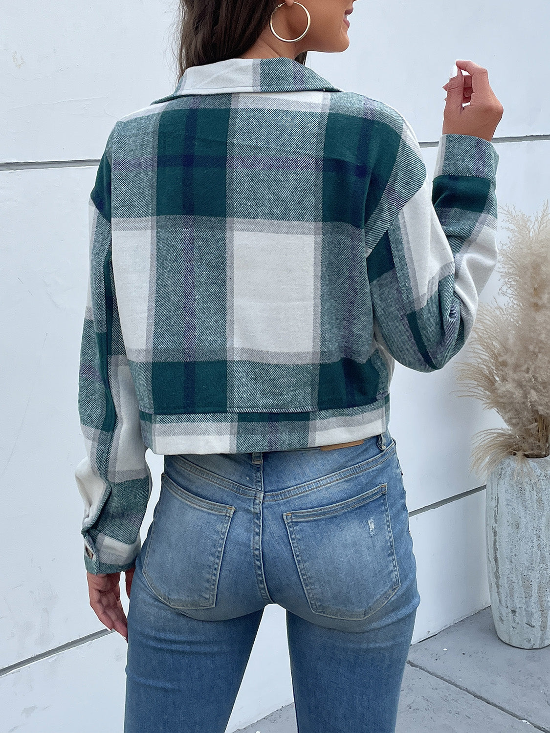 Perfee Plaid Button Up Drop Shoulder Cropped Jacket-Angel Casuals