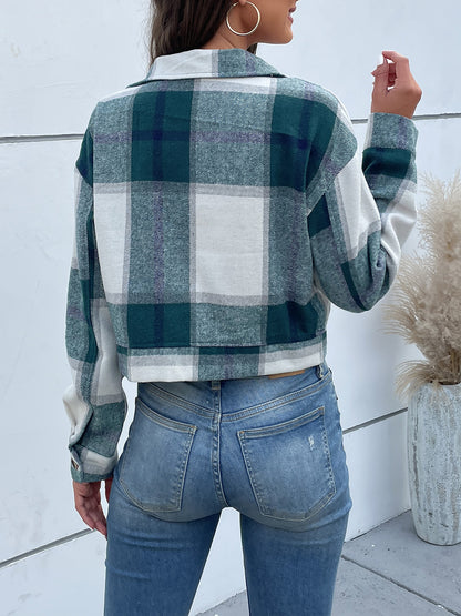 Perfee Plaid Button Up Drop Shoulder Cropped Jacket-Angel Casuals
