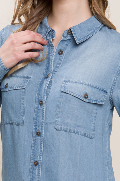 Love Tree Scooped Hem Button Up Denim Shirt-Angel Casuals