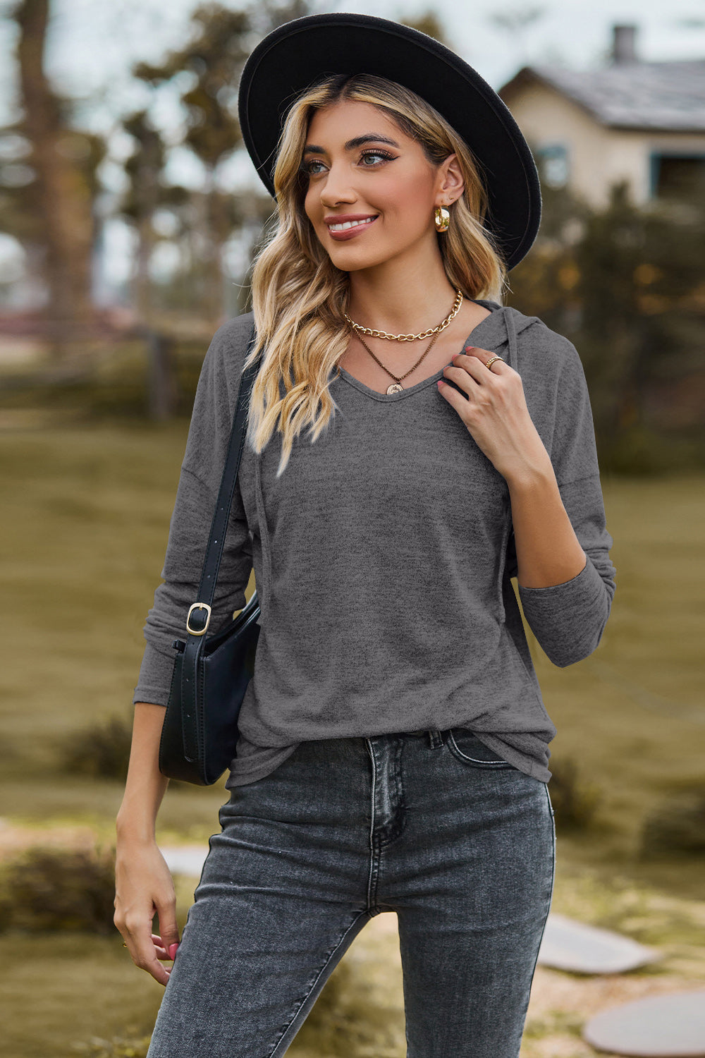 Drawstring Dropped Shoulder Hooded T-Shirt-Angel Casuals