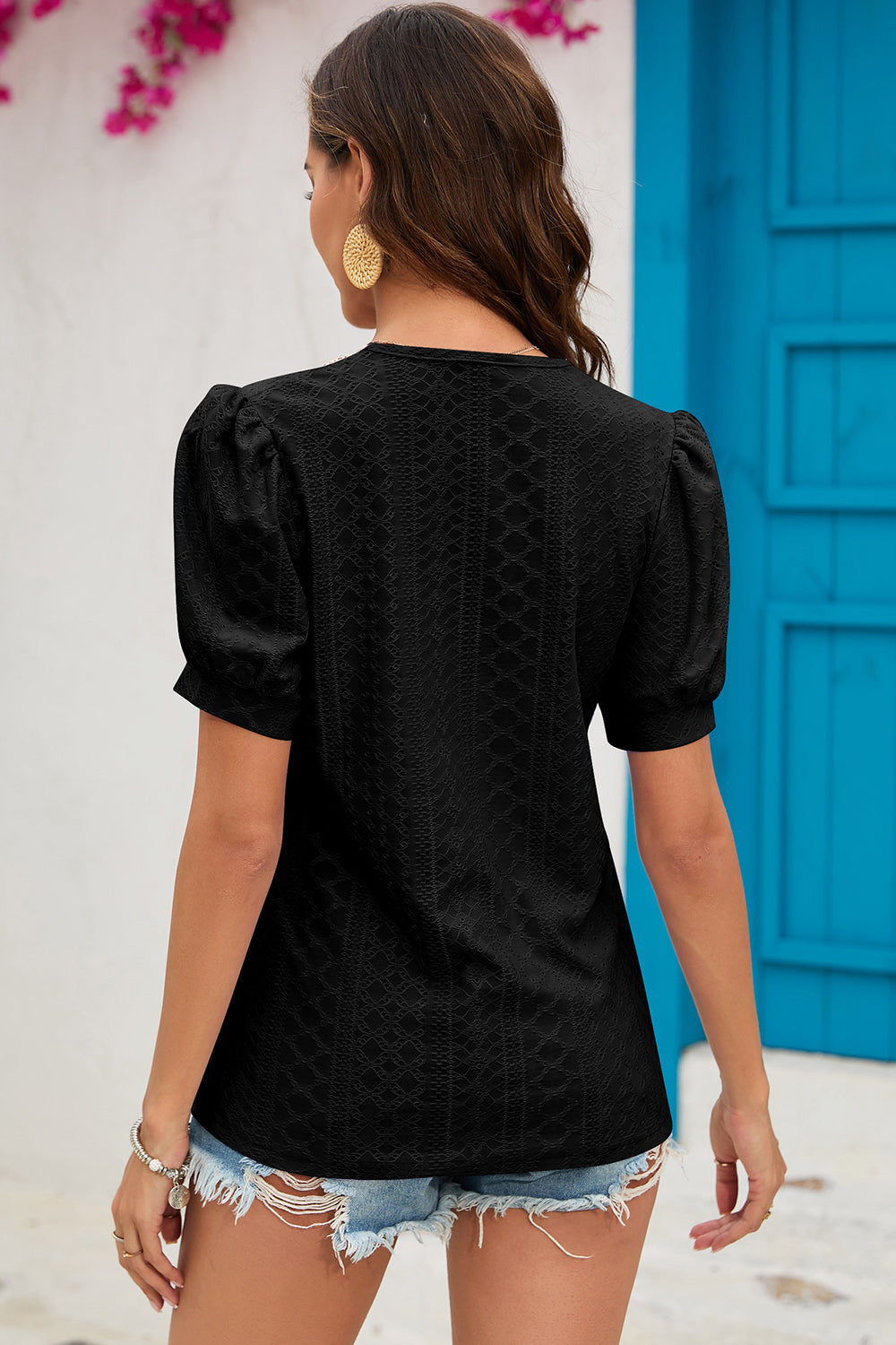 Eyelet V-Neck Short Sleeve T-Shirt-Angel Casuals