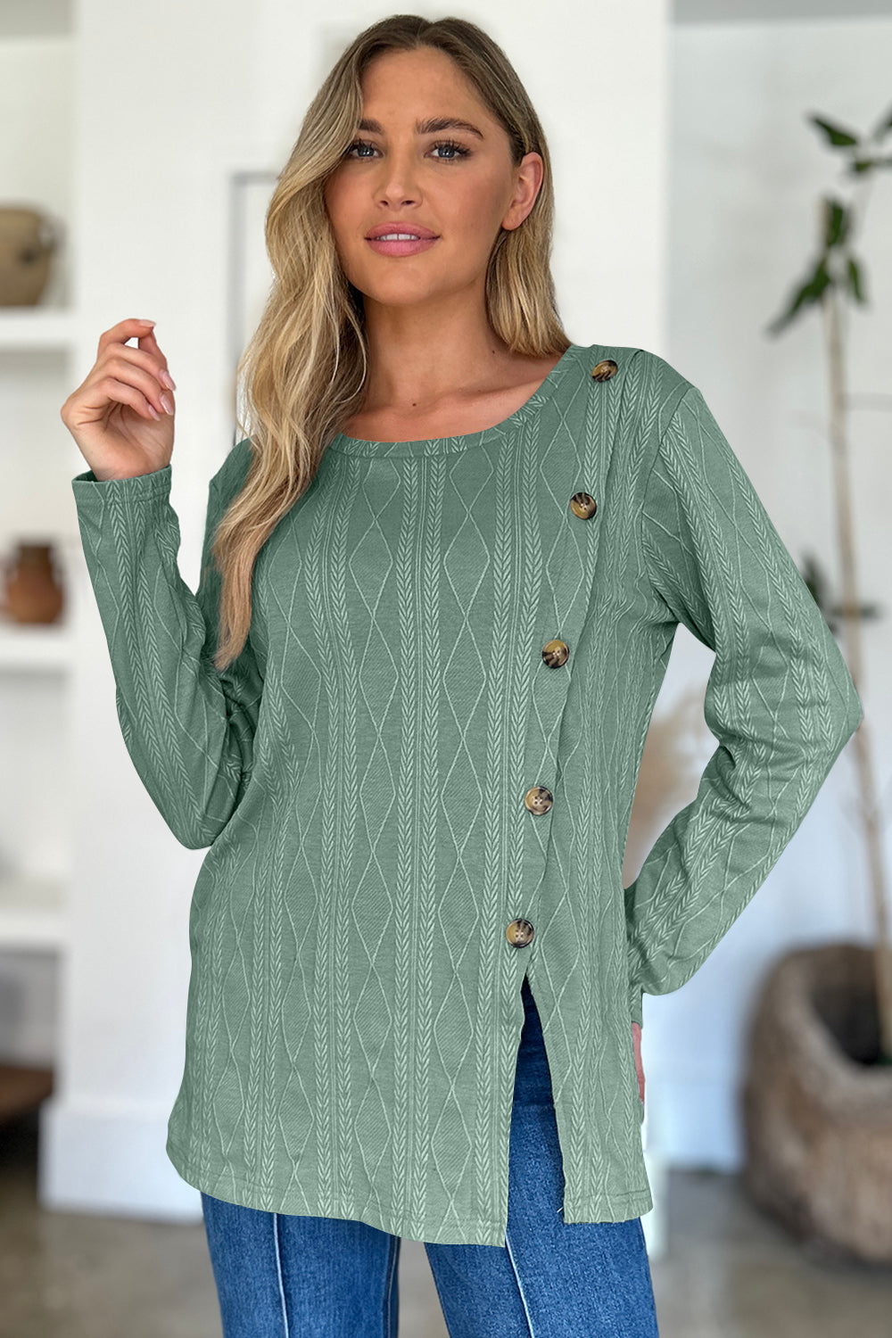 FAM-FAM Slit Round Neck Long Sleeve T-Shirt-Angel Casuals