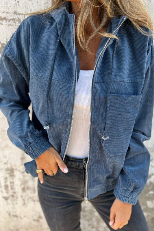 Pocketed Zip Up Long Sleeve Hooded Jacket-Angel Casuals