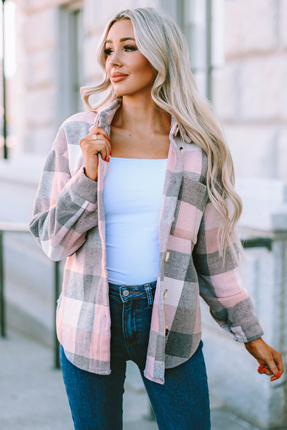 Plaid Button Up Dropped Shoulder Jacket-Angel Casuals