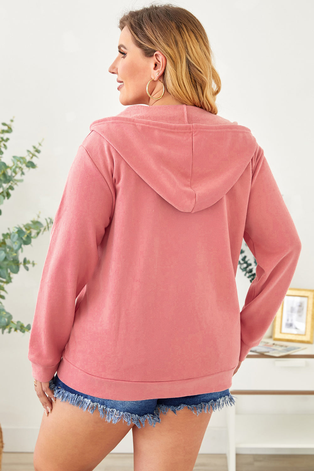 Plus Size Zip Up Hooded Jacket with Pocket-Angel Casuals