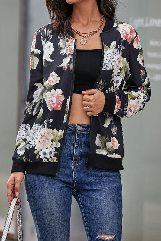 Floral Print Zip Up Bomber Jacket-Angel Casuals