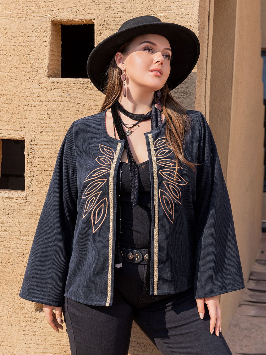 Plus Size Embroidered Open Front Jacket-Angel Casuals