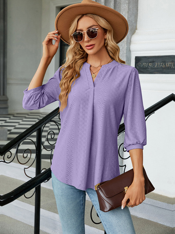 Notched Neck Three-Quarter Sleeve Blouse-Angel Casuals