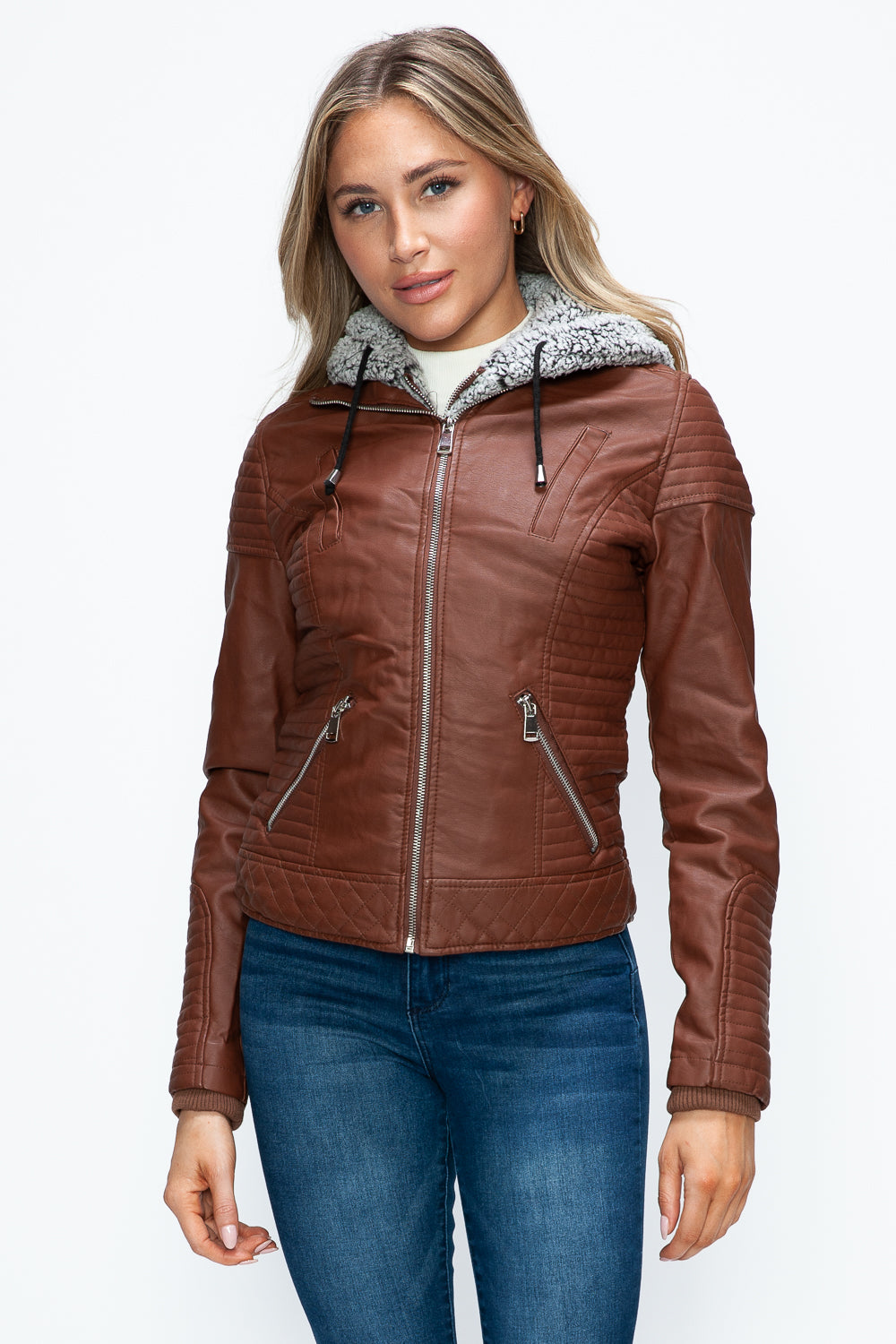 YMI Faux Layered Double-Zipper Jacket with Fuzzy Hood-Angel Casuals