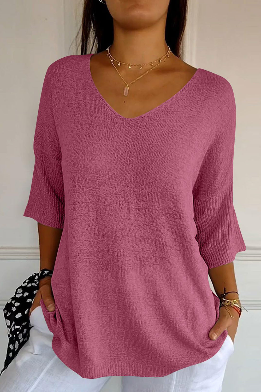 V-Neck Three-Quarter Sleeve Knit Top-Angel Casuals