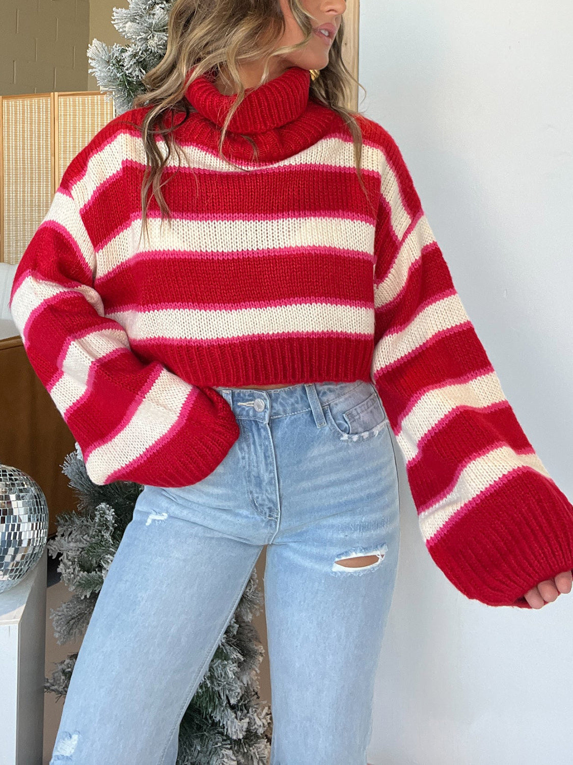 Striped Turtleneck Long Sleeve Cropped Sweater-Angel Casuals