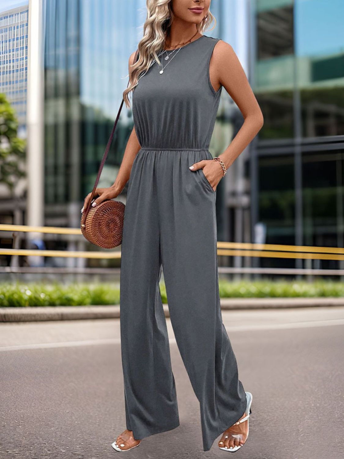 Round Neck Wide Leg Jumpsuit-Angel Casuals