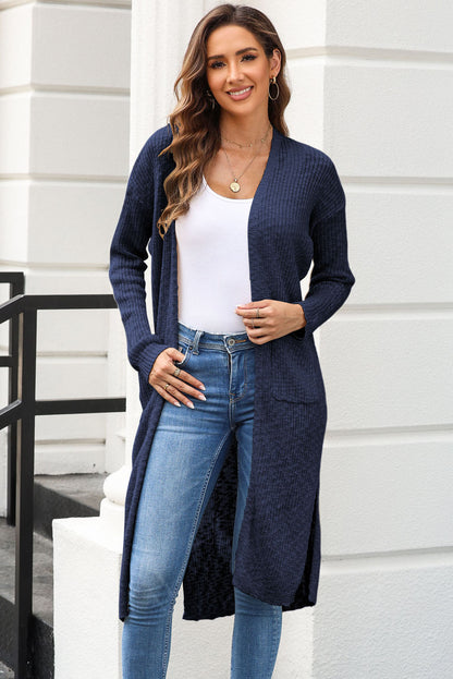 Open Front Slit Cardigan with Pockets-Angel Casuals