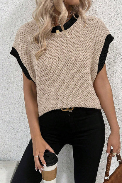 Contrast Round Neck Cap Sleeve Knit Top-Angel Casuals