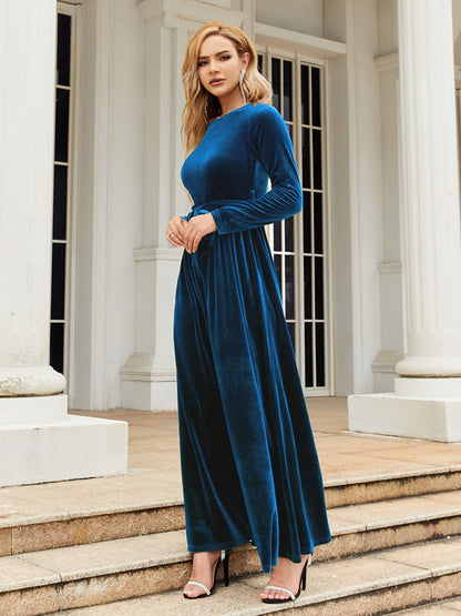 Tie Front Round Neck Long Sleeve Maxi Dress-Angel Casuals