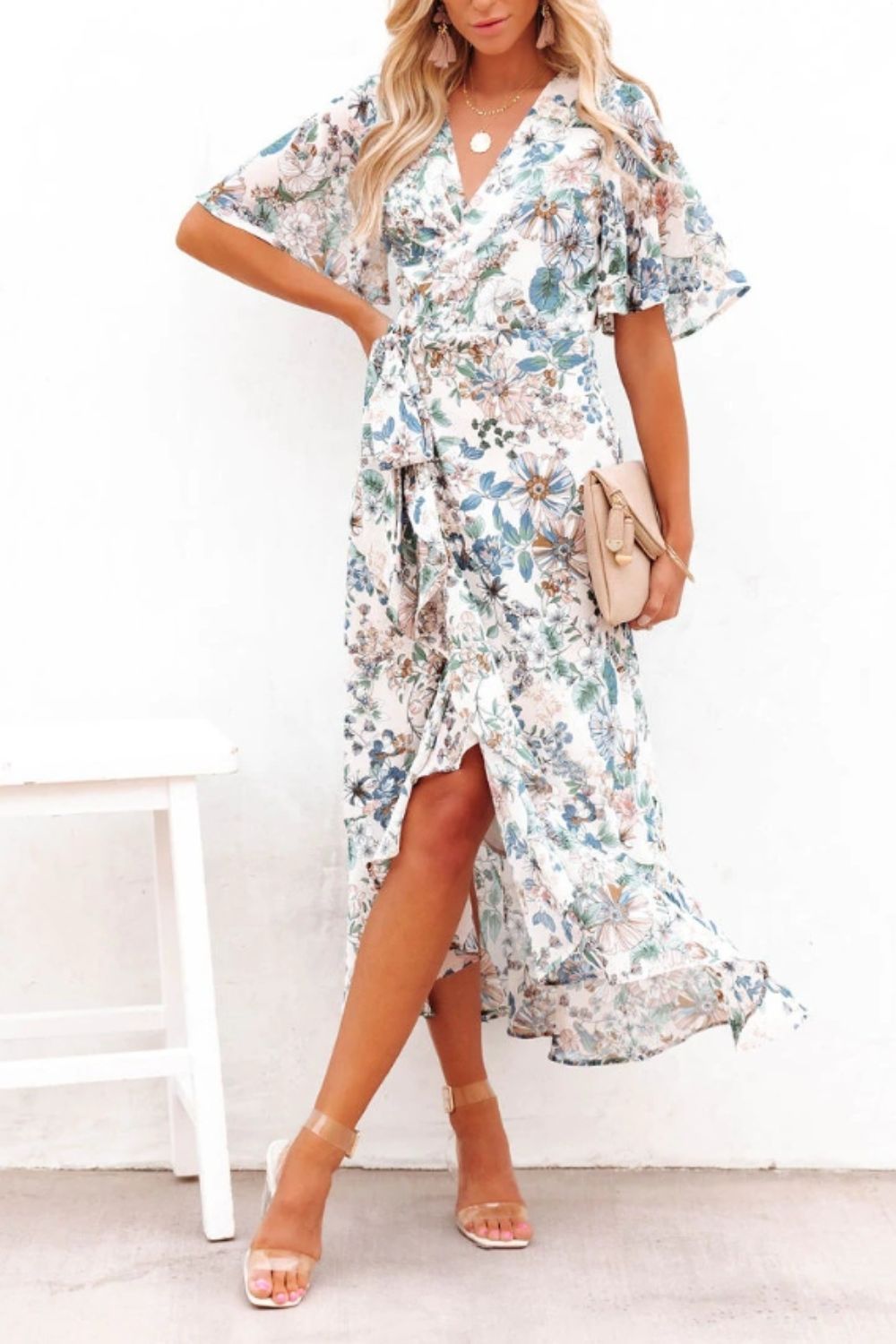 High-Low Printed Surplice Flutter Sleeve Midi Dress-Angel Casuals