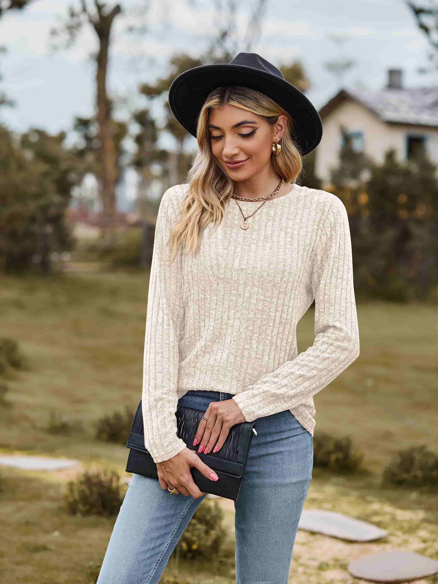 Ribbed Round Neck Long Sleeve Tee-Angel Casuals