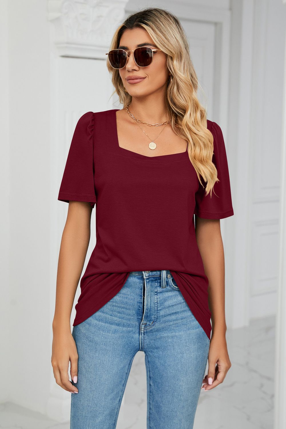 Square Neck Puff Sleeve T-Shirt-Angel Casuals