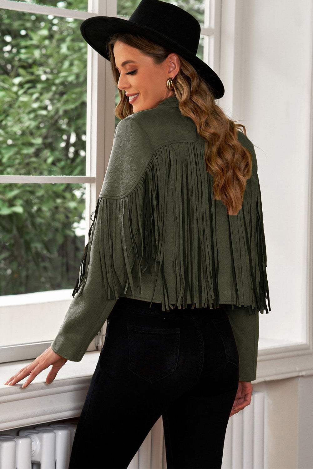 Fringe Trim Lapel Collar Cropped Blazer-Angel Casuals