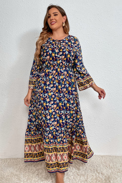 Melo Apparel Plus Size Bohemian Round Neck Maxi Dress-Angel Casuals