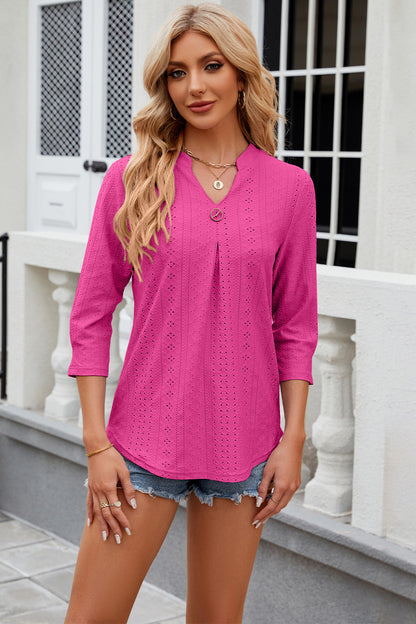 Eyelet Notched Knit Jacquard Top-Angel Casuals
