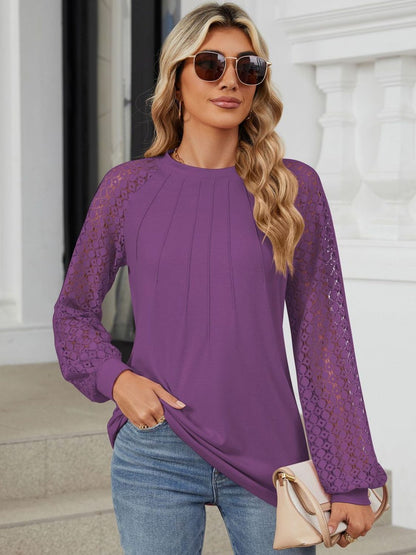 Round Neck Lace Long Sleeve Top-Angel Casuals