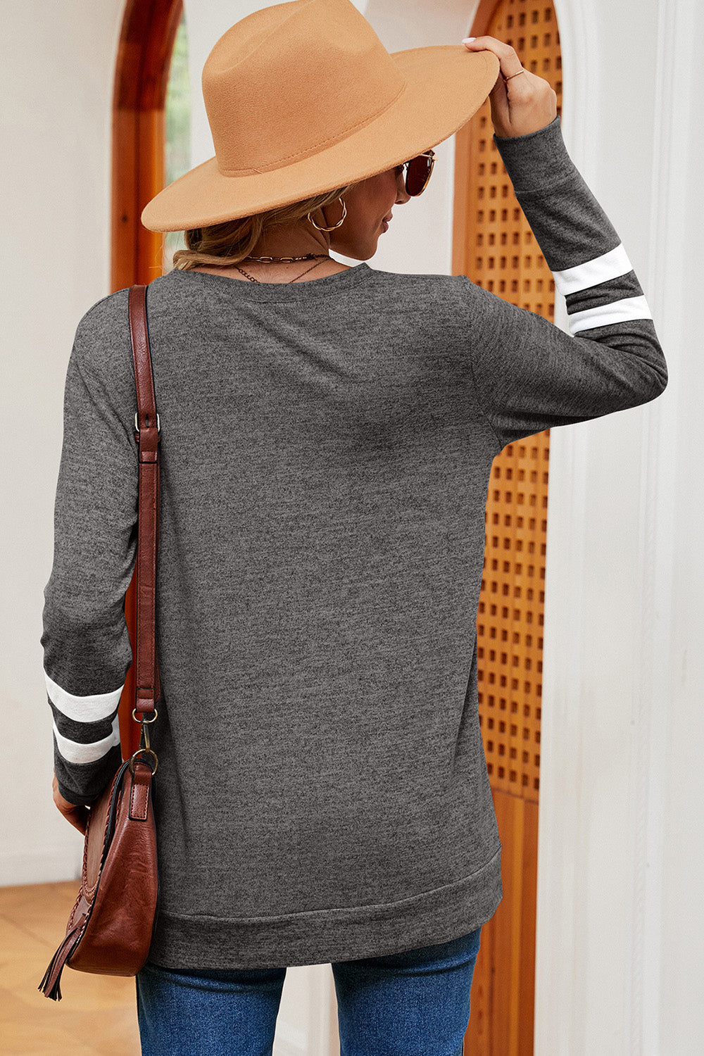 Striped V-Neck Long Sleeve T-Shirt-Angel Casuals