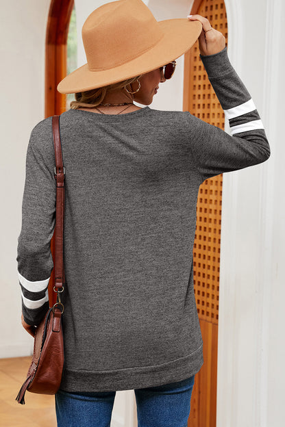 Striped V-Neck Long Sleeve T-Shirt-Angel Casuals