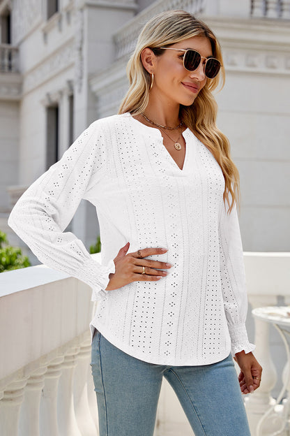 Eyelet Notched Lantern Sleeve T-Shirt-Angel Casuals