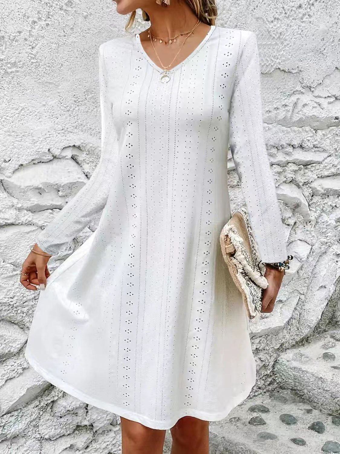 Eyelet V-Neck Long Sleeve Mini Dress-Angel Casuals