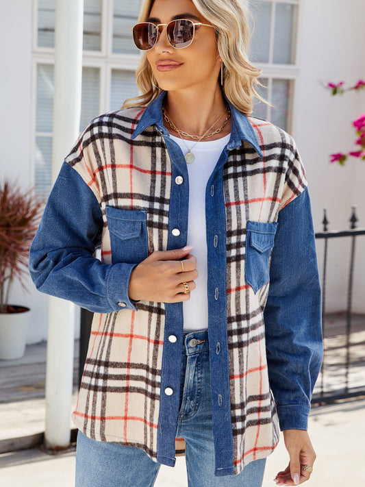 Plaid Long Sleeve Denim Jacket-Angel Casuals