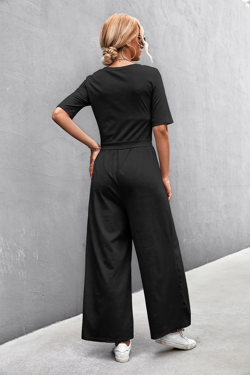 Scoop Neck Half Sleeve Wide Leg Jumpsuit-Angel Casuals