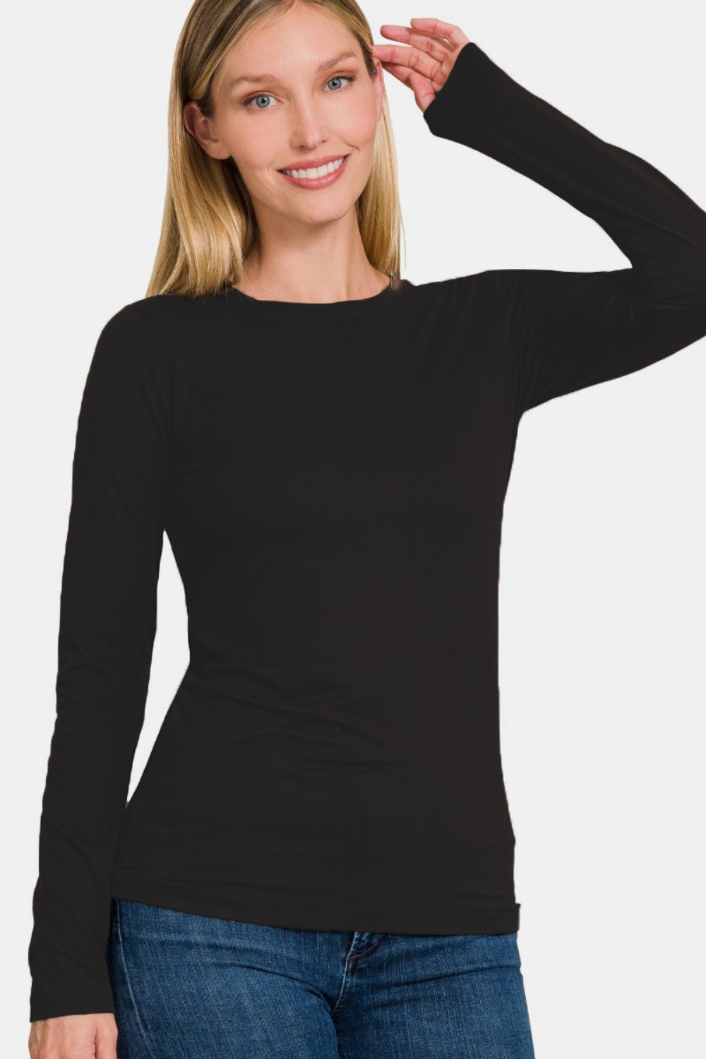 Zenana Full Size Brushed Microfiber Long Sleeve Round Neck T-Shirt-Angel Casuals