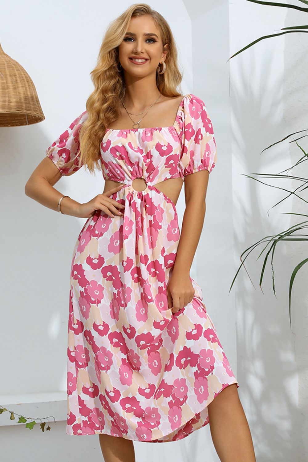 Floral Cutout Square Neck Puff Sleeve Dress-Angel Casuals