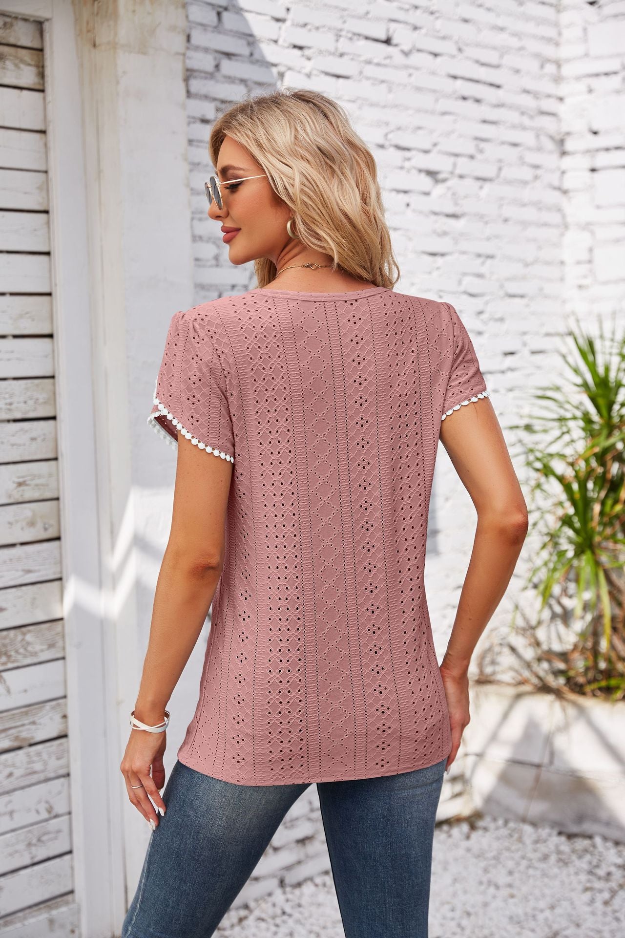 Eyelet Round Neck Petal Sleeve T-Shirt-Angel Casuals