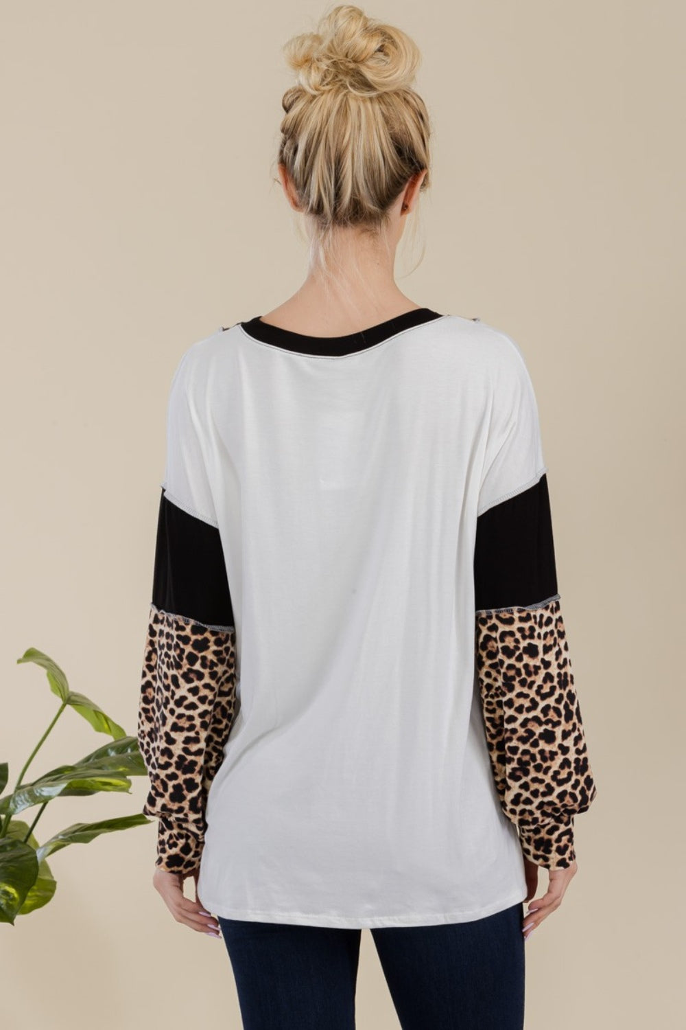 Celeste Full Size Leopard Color Block Exposed Seam T-Shirt-Angel Casuals