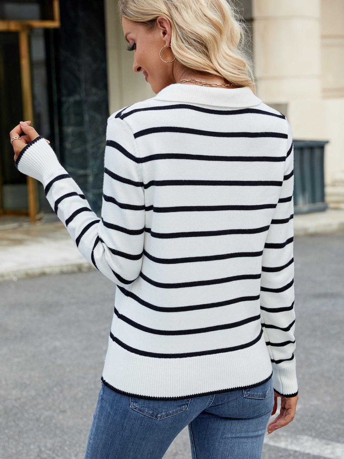 Striped Johnny Collar Long Sleeve Sweater-Angel Casuals