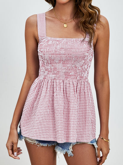 Smocked Plaid Square Neck Tank-Angel Casuals