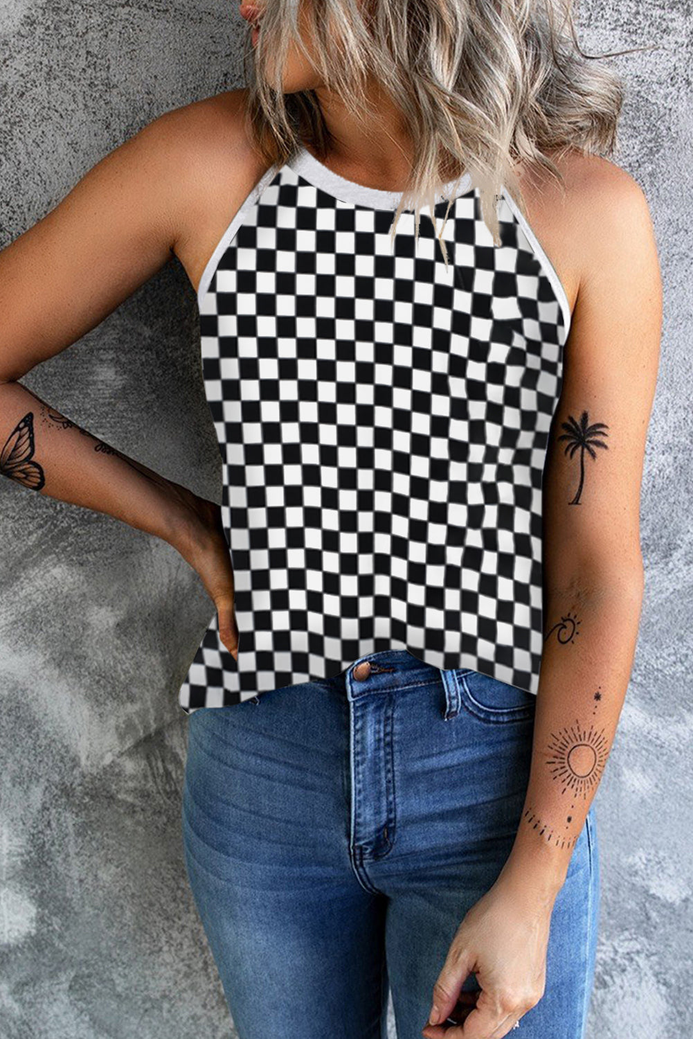 Checkered Grecian Neck Tank-Angel Casuals