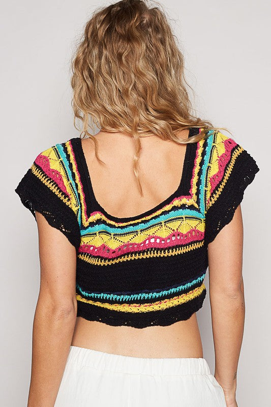 POL Openwork Ethnic Pattern Square Neck Cropped Knit Top-Angel Casuals