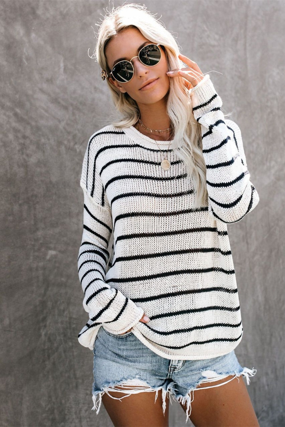 Striped Round Neck Drop Shoulder Sweater-Angel Casuals