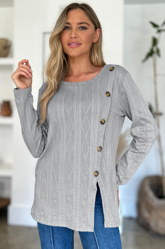 FAM-FAM Slit Round Neck Long Sleeve T-Shirt-Angel Casuals