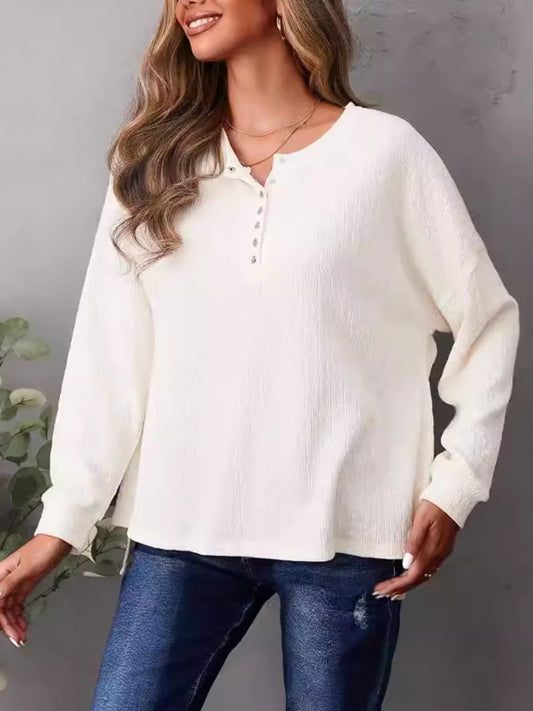 High-Low Quarter Snap Round Neck T-Shirt-Angel Casuals