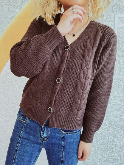 Cable-Knit V-Neck Button Down Long Sleeve Cardigan-Angel Casuals