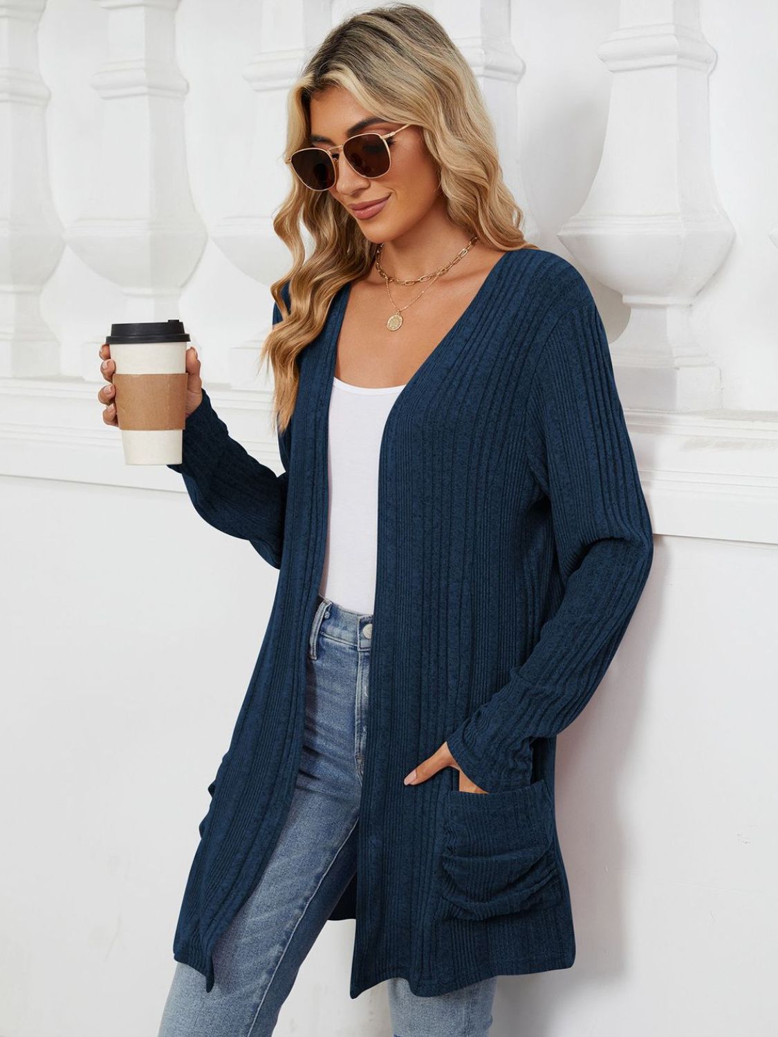 Pocketed Open Front Long Sleeve Cardigan-Angel Casuals