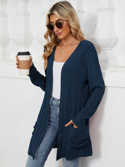 Pocketed Open Front Long Sleeve Cardigan-Angel Casuals