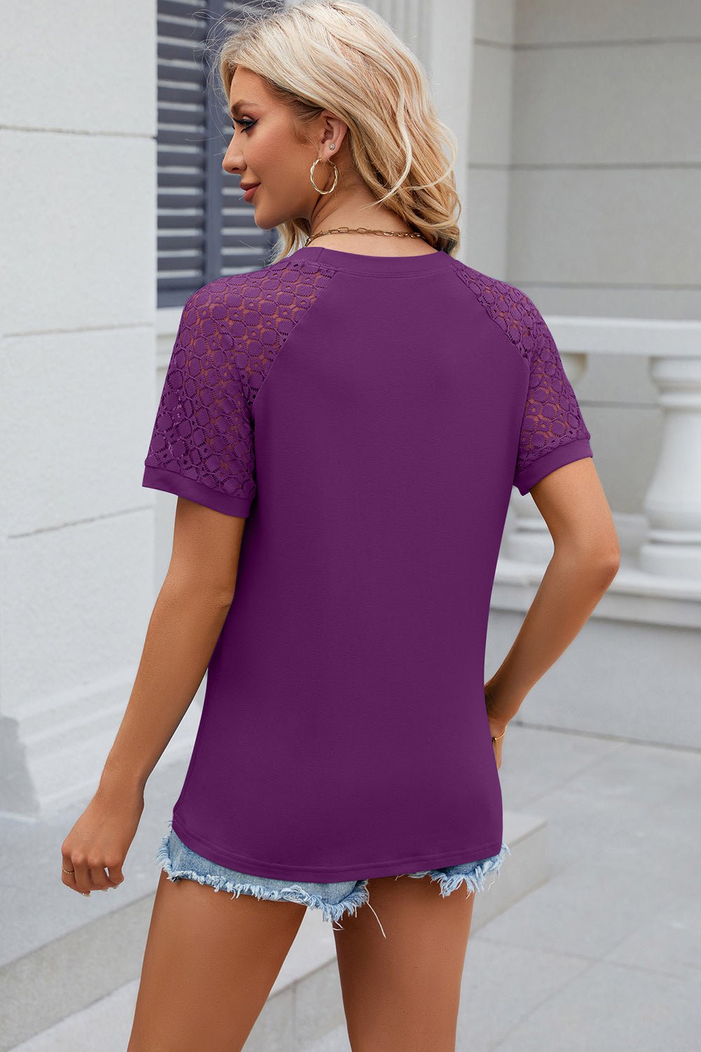 Openwork Round Neck Short Sleeve T-Shirt-Angel Casuals