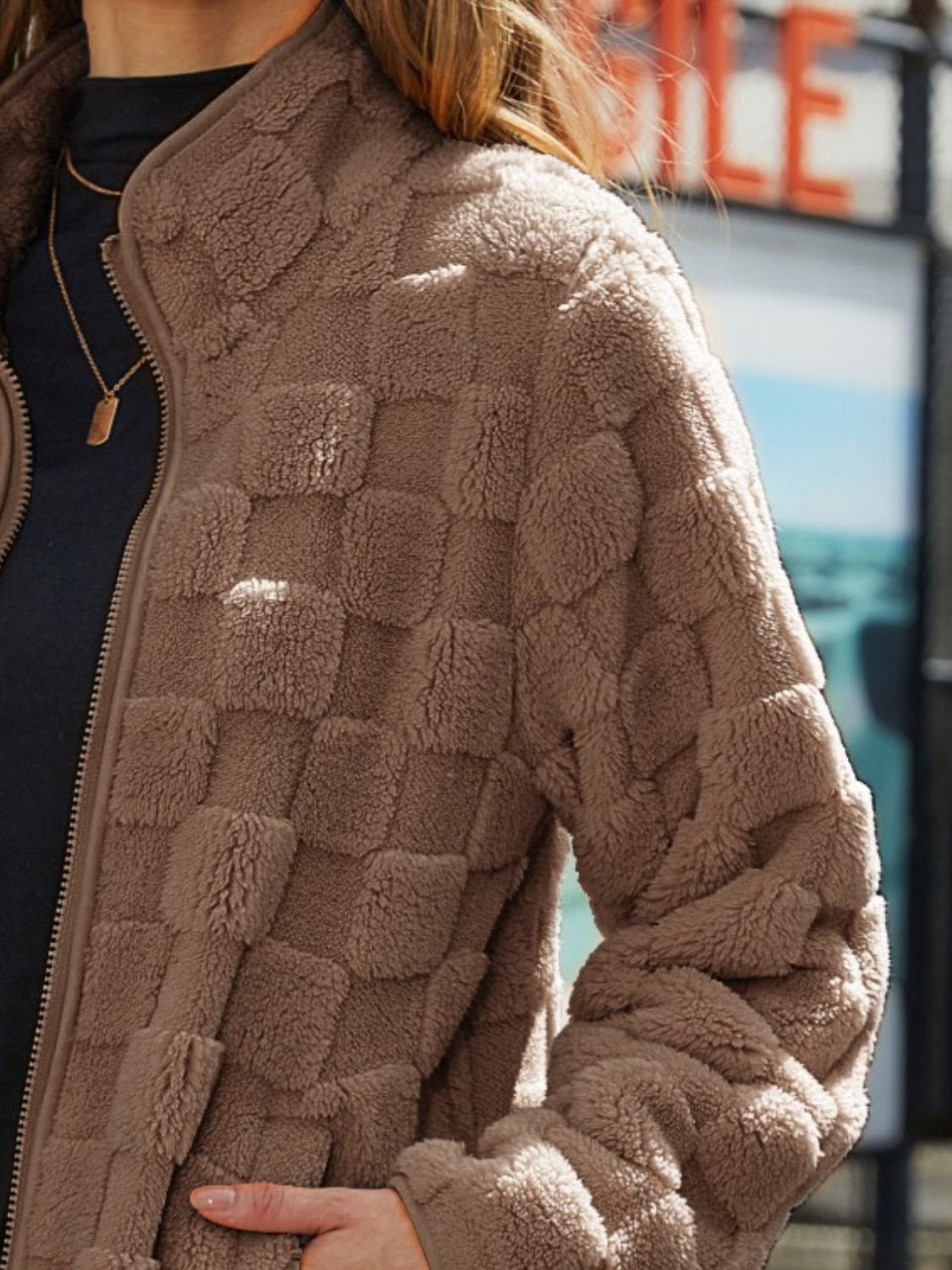 Fuzzy Checkered Zip Up Jacket-Angel Casuals