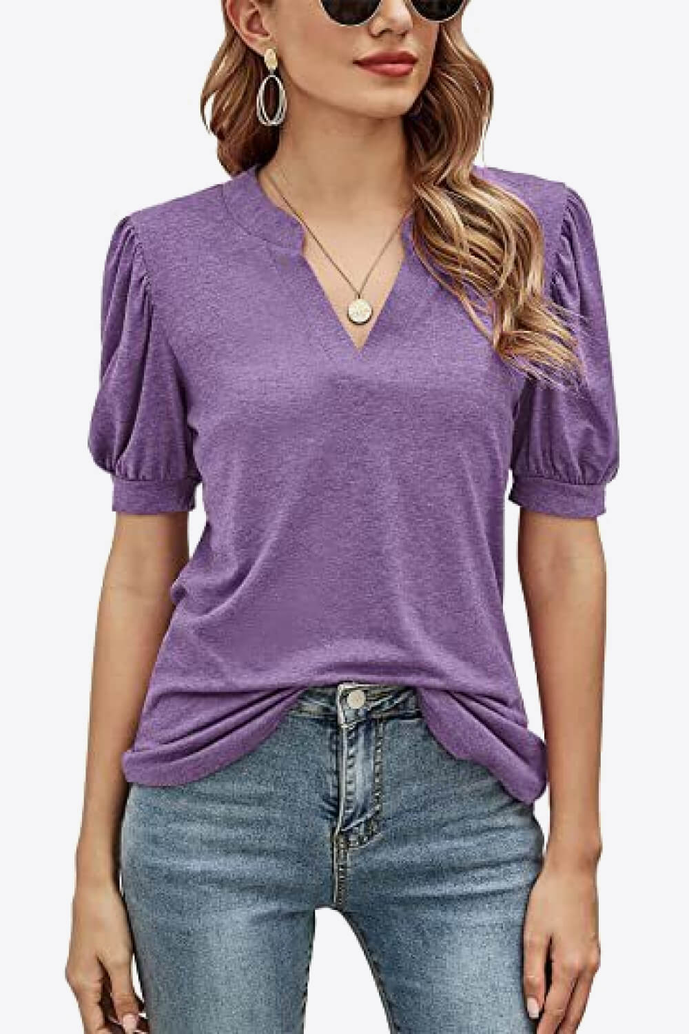 Notched Neck Puff Sleeve Tee-Angel Casuals